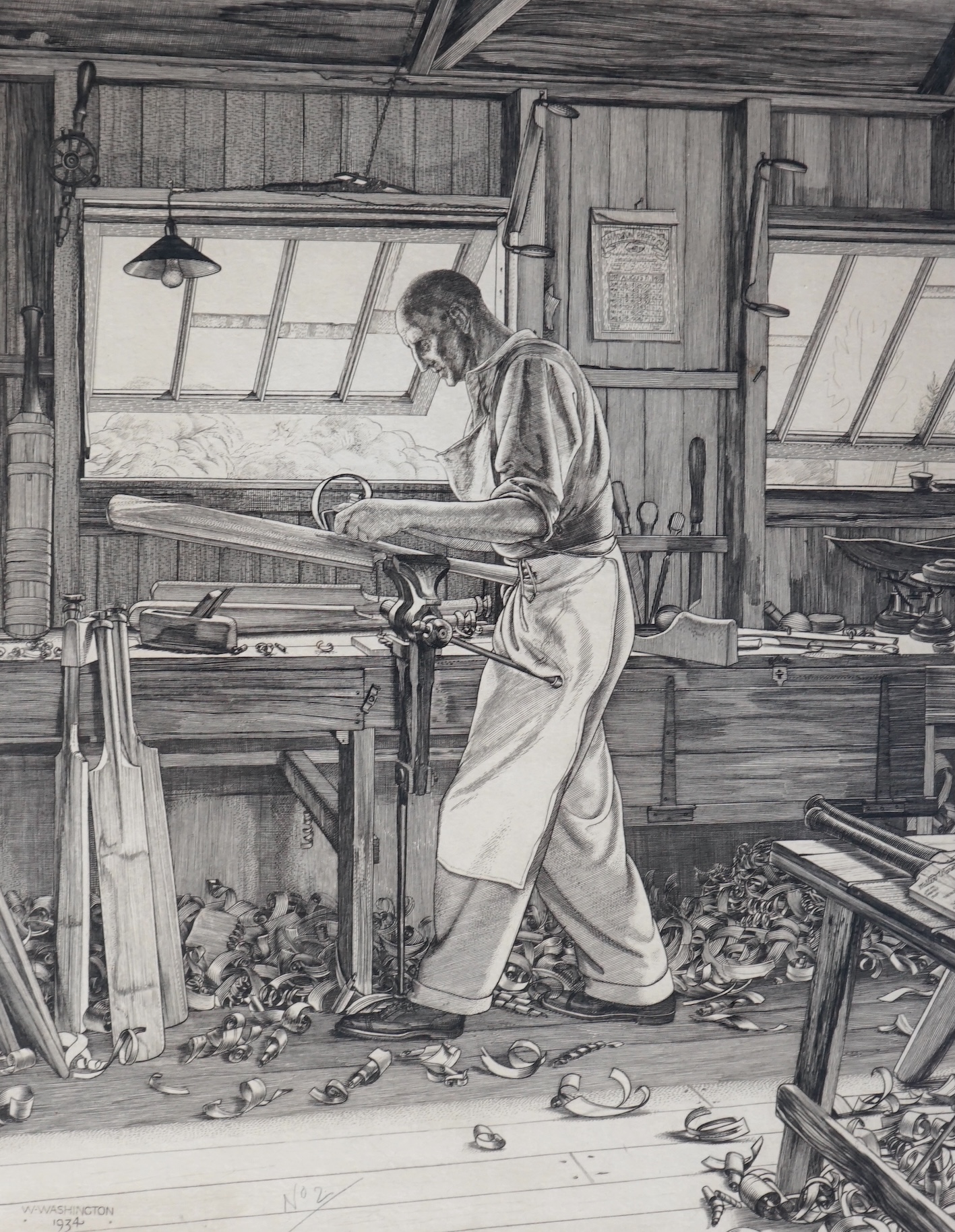 William Washington (English, 1885-1956), The Cricket Bat Maker, drypoint etching, 27.5 x 21.5cm